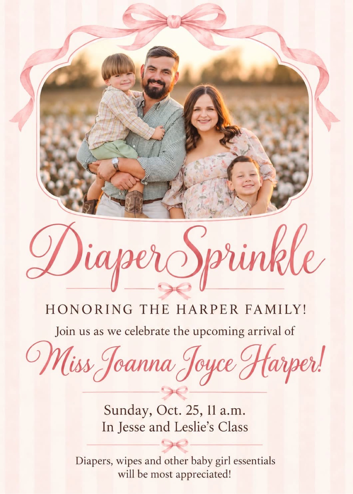Diaper Sprinkle honoring the Harper family, Sunday, October 25 at 11:00 AM in Jesse and Leslie&rsquo;s Class