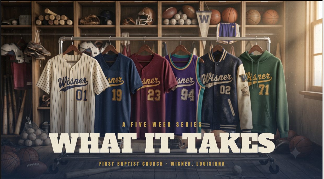 What It Takes, a five-week series at First Baptist Church, Wisner, Louisiana. A vintage locker room with a rack of Wisner jerseys.